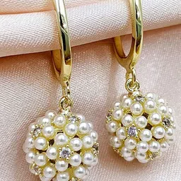 PolluxCraft Korean Gold-Plated Stones Studded & Pearls Beaded Contemporary Hoop Earrings-picture-25