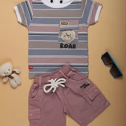 V-Mart Infant Boys Striped Pure Cotton T-shirt With Shorts-image-14