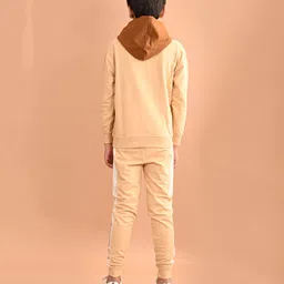 Lilpicks Couture Full Sleeves Placement Athletic Printed Colour Blocked Terry Fleece Hooded Sweatshirt & Joggers Set - Beige image 3