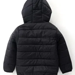 Babyhug Woven Full Sleeves Solid Color Padded Hooded Jacket With Dino Patch detailing - Black image 2