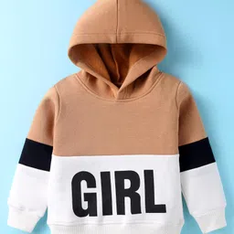 Pepito Fleece Knit Full Sleeves Winter Wear Hooded Sweatshirt & Lounge Pant Set With Text Print - Light Brown & White image 2
