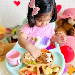 StarKiddo Cute Bunny Bamboo Suction Plates with Weaning Spoon and Cute Adjustable Printed Bib for Baby and Toddler - Orange-Beige image 2