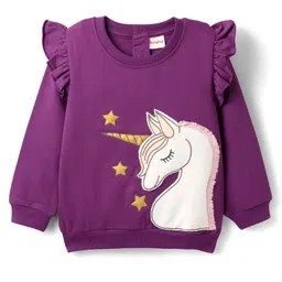 Babyhug Terry Knit Full Sleeves Top & Lounge Pant Set With Unicorn Patch - Purple image 2