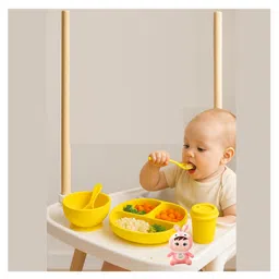Kritiu 5 Pcs Silicone Baby Feeding Set, BPA Free & Microwave Safe Dinner Tableware Kit - Feeding Bowl, Suction Plate, Tumbler, Spoon & Fork for Kids, Toddler - Yellow image 2