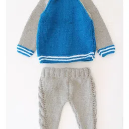 Woonie Full Sleeves Handknitted Colour Blocked Sweater Set - Blue image 4