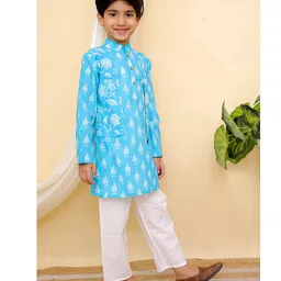 AJ Dezines Cotton Full Sleeves Floral Printed Kurta & Pyjama Set - Blue image 4
