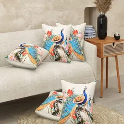 JAIPUR FABRIC White & Blue 5 Pieces Ethnic Motifs Square Jute Cushion Covers-picture-37