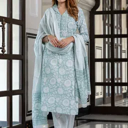 Jaitpuriya Women Floral Printed Pure Cotton Kurta with Trousers & Dupatta-picture-12