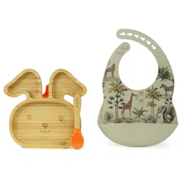StarKiddo Cute Bunny Bamboo Suction Plates with Weaning Spoon and Cute Adjustable Printed Bib for Baby and Toddler - Orange-Beige image 5