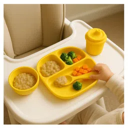 Kritiu 5 Pcs Silicone Baby Feeding Set, BPA Free & Microwave Safe Dinner Tableware Kit - Feeding Bowl, Suction Plate, Tumbler, Spoon & Fork for Kids, Toddler - Yellow image 5