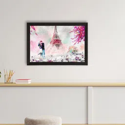 eCraftIndia White & Pink Kissing Romantic Couple In Front Of Effiel Tower Satin Matt Texture UV Wall Art image 1