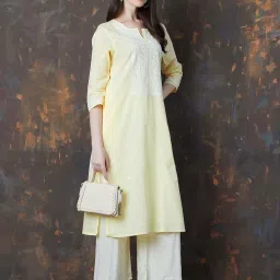 Melange By Lifestyle Yellow Cotton Regular Fit Embroidered Kurta image 4