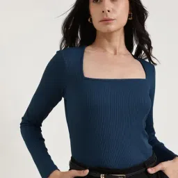 Fablestreet Navy Blue Slim Fit Solid Top image 3