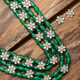 Peora Gold-Plated Green Beaded Layered Long Necklace Jewellery Set with Floral Earrings-picture-13