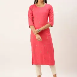 SHOWOFF Pink Cotton Embellished Calf Length Straight Kurta-image-50