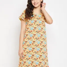 Clovia Yellow Printed Cotton Night Dress-image-19