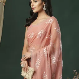 Saree Mall Peach Organza Embellished Saree with Blouse Piece image 4