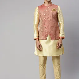 Manu Men Pink & Gold-Toned Printed Short Kurta with Churidar & Nehru Jacket image 5