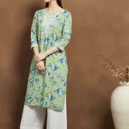 Melange By Lifestyle Lime Regular Fit Floral Print Kurta image 4