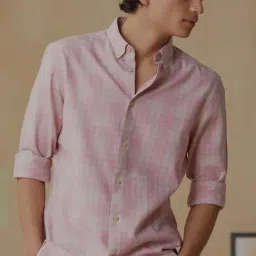 ANDAMEN Light Pink Slim Fit Check Cotton Shirt-image-55