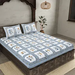 JAIPUR FABRIC Blue & White Floral Cotton 180 TC Double King Bedsheet Set-2.74mx2.28m image 2