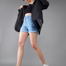 DOLCE CRUDO Blue Denim Distressed Mid Rise Shorts image 4