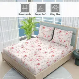 boutique living india Nature Bouquet 100% Cotton 300 TC Pink Floral Print King Bedsheet with 2 Pillow Covers-picture-11