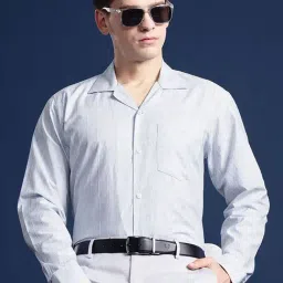 Hancock Blue Cotton Relaxed Fit Stripes Shirts-image-7
