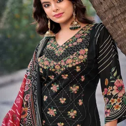 DRAVINAM Trends Floral Embroidered Thread Work Pure Cotton Unstitched Dress Material image 2