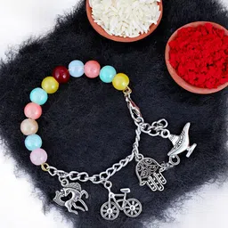 LUCKY JEWELLERY Silver-Plated Beaded Rakhi With Greeting Card Gift Set-picture-25