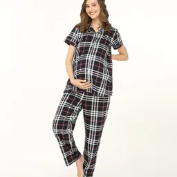 Bella Mama 100% Cotton Half Sleeves Checked Nursing Night Suit- Black-picture-16