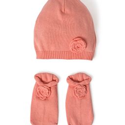 Mi Arcus 100% Cotton Trims 100% Polyester Floral Applique Detailed Winter Wear Cap & Socks Set - Peach-picture-17