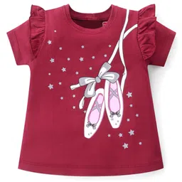 Babyhug 100% Cotton Knit Half Sleeves T-Shirt With Ballerina Shoes Glitter Graphics & Frill Detailing - Red-picture-37
