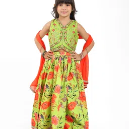 Babyhug Cotton Woven Sleeveless Floral Printed & Embroidered Choli Lehenga Set with Dupatta & Lace Detailing - Limegreen-image-15