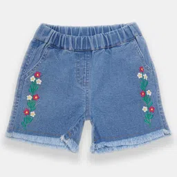 Creative Kids Denim Cotton Floral Embroidered Frayed Shorts - Light Blue image 1