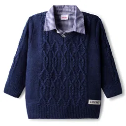 Babyhug Knitted Full Sleeves Collar Neck Pullover Sweater With Cable Knit Design - Navy Blue image 1