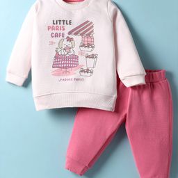 Zero Fleece Knit Full Sleeves Winter Wear Sweatshirt & Lounge Pant Set with Paris Cafe Print - Light Pink-picture-47