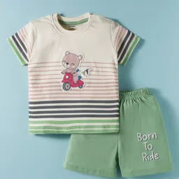 CUCUMBER Interlock Knit Half Sleeves T-Shirt & Shorts Set With Stripes & Bear Patch - Light Green & Cream-picture-26