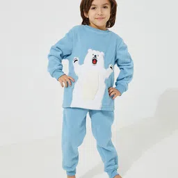 Cherry Crumble By Nitt Hyman Knit Full Sleeves Polar Bear Embroidered Night Suit Set - Sky Blue-picture-16