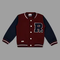 Actuel Cotton Blend Knit Full Sleeves R Patch Detailed Light Winter Varsity Jacket - Maroon & Navy Blue-image-6