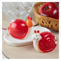 Kookee Ceramic Salt and Pepper Set with tray, Snail Design, Red White (8570) image 2