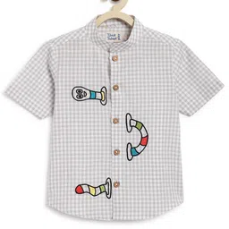 Tiber Taber Half Sleeves Checked & Abstract Embroidered Shirt - Grey image 3