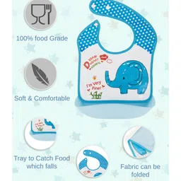 Yellow Bee Silicon Elephant-Themed Baby Bib with Catch Pocket and Polka Dot Trim for Boys- Light Blue & White image 2