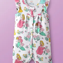 Babyoye Disney Interlock Knit Frill Sleeve Rompers with Disney Princess Graphics Pack of 2 - White & Peach image 2