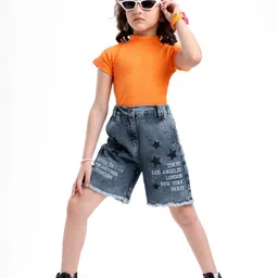 Ollington St. Cotton Lycra Rib Half Sleeves Top with Print & Stretchable Denim Shorts Set - Orange & Blue image 2