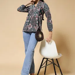 Istyle Can Ethnic Motifs Printed Mandarin Collar Cotton Top image 2