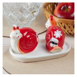 Kookee Ceramic Salt and Pepper Set with tray, Snail Design, Red White (8570) image 3