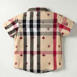 ToffyHouse Poplin Woven Half Sleeves Checekered Shirt & Shorts Set with Bow & Suspender - Maroon image 3