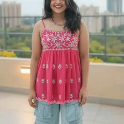 KALINI Floral Embroidered Shoulder Straps Sleeveless Anarkali Kurti image 3