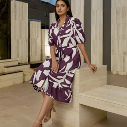 Subhan Hub Women Abstract Printed Puff Sleeve Belted Shirt Midi Dress image 5